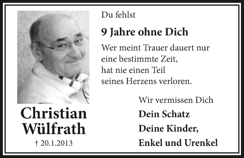  Traueranzeige für Christian Wülfrath vom 14.01.2022 aus  Schlossbote/Werbekurier 