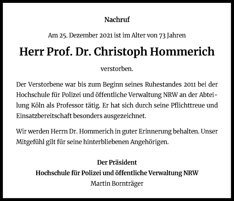  Traueranzeige für Christoph Hommerich vom 08.01.2022 aus Kölner Stadt-Anzeiger / Kölnische Rundschau / Express