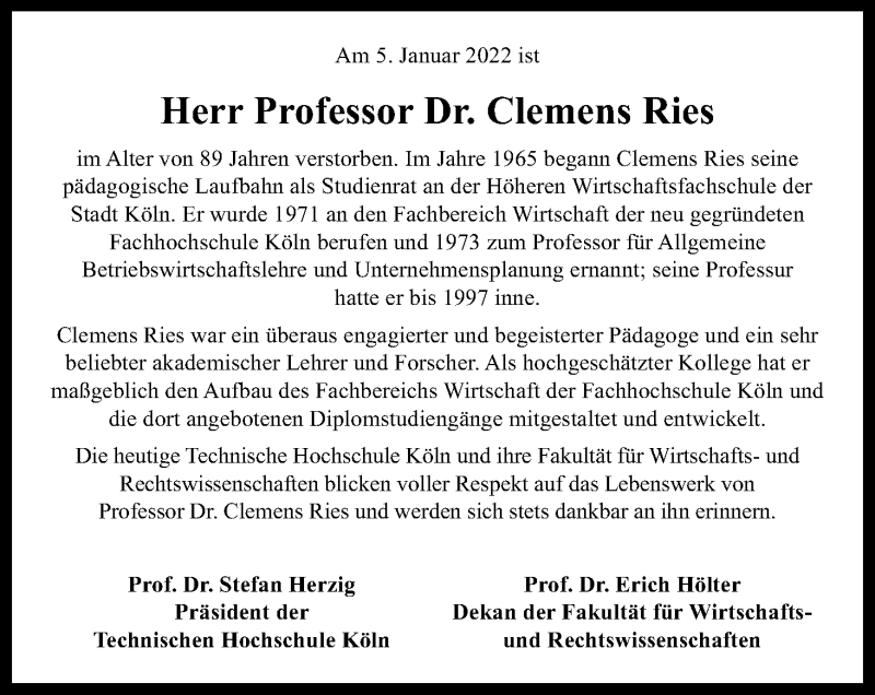  Traueranzeige für Clemens Ries vom 28.01.2022 aus Kölner Stadt-Anzeiger / Kölnische Rundschau / Express