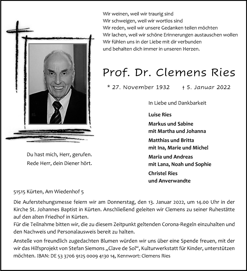  Traueranzeige für Clemens Ries vom 08.01.2022 aus Kölner Stadt-Anzeiger / Kölnische Rundschau / Express