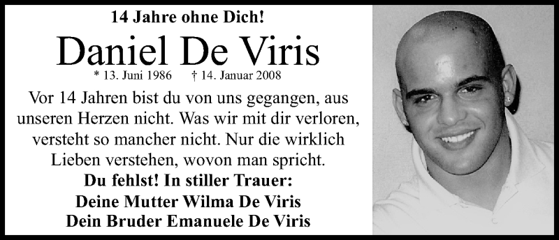  Traueranzeige für Daniel De Viris vom 14.01.2022 aus Kölner Stadt-Anzeiger / Kölnische Rundschau / Express