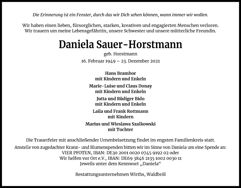  Traueranzeige für Daniela Sauer-Horstmann vom 22.01.2022 aus Kölner Stadt-Anzeiger / Kölnische Rundschau / Express