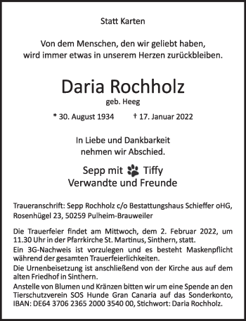 Anzeige von Daria Rochholz von  Wochenende 