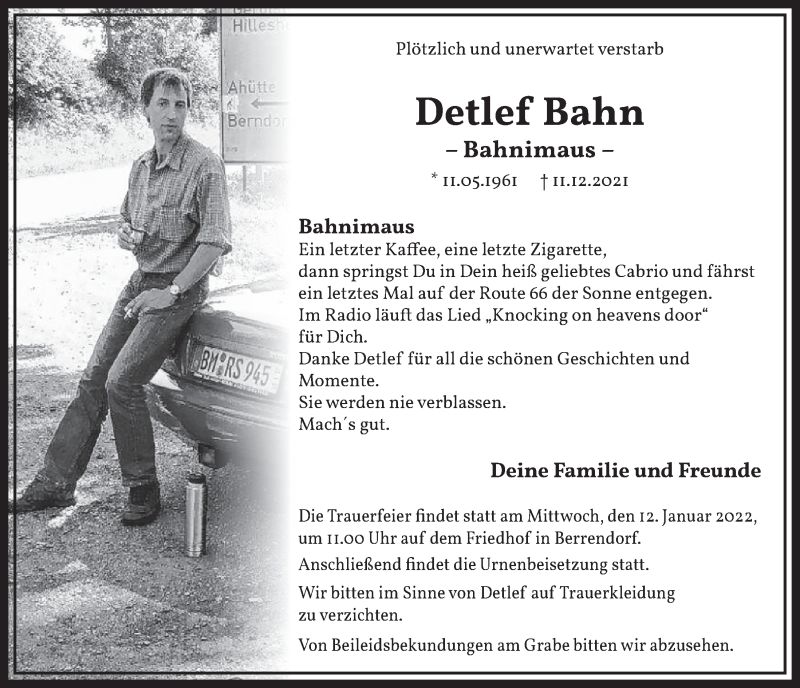  Traueranzeige für Detlef Bahn vom 07.01.2022 aus  Werbepost 