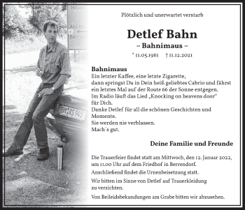 Anzeige von Detlef Bahn von  Werbepost 