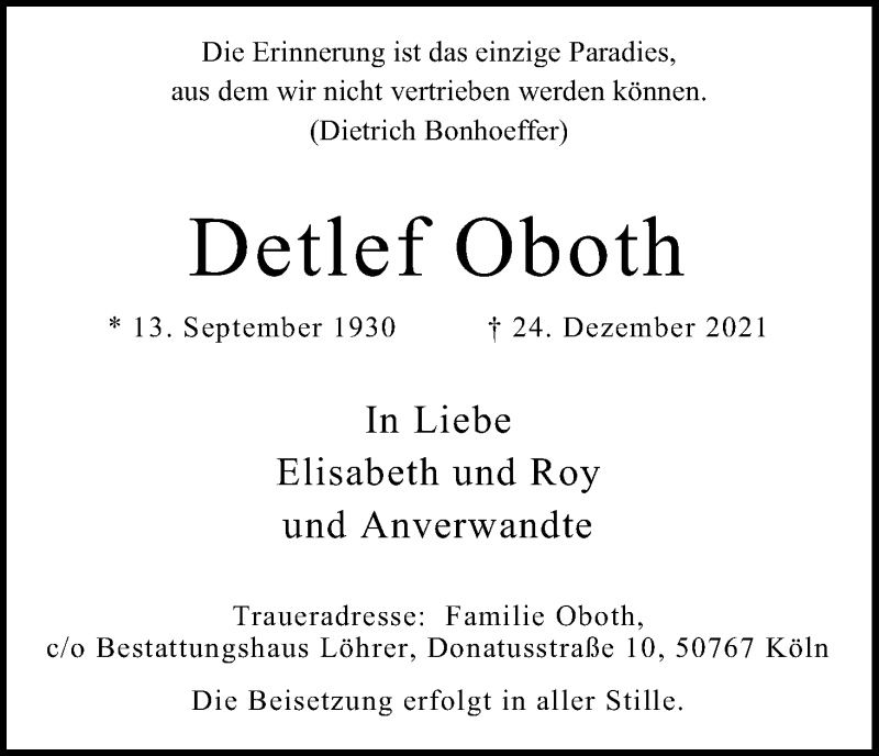  Traueranzeige für Detlef Oboth vom 08.01.2022 aus Kölner Stadt-Anzeiger / Kölnische Rundschau / Express