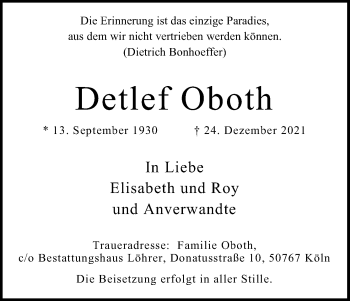 Anzeige von Detlef Oboth von Kölner Stadt-Anzeiger / Kölnische Rundschau / Express
