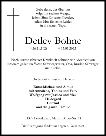 Anzeige von Detlev Bohne von Kölner Stadt-Anzeiger / Kölnische Rundschau / Express