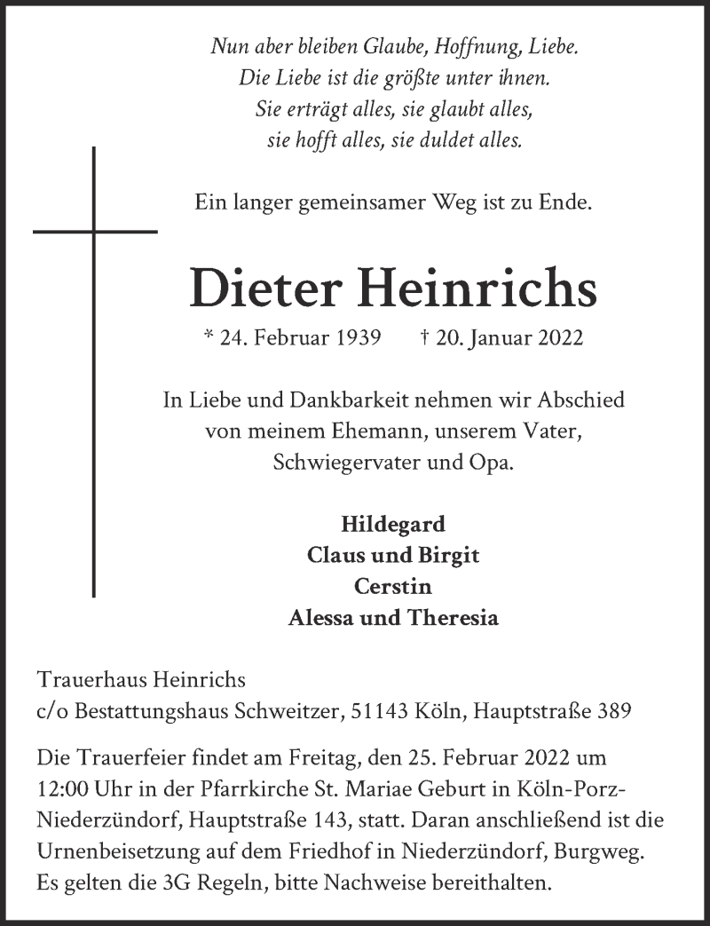  Traueranzeige für Dieter Heinrichs vom 28.01.2022 aus  Kölner Wochenspiegel 