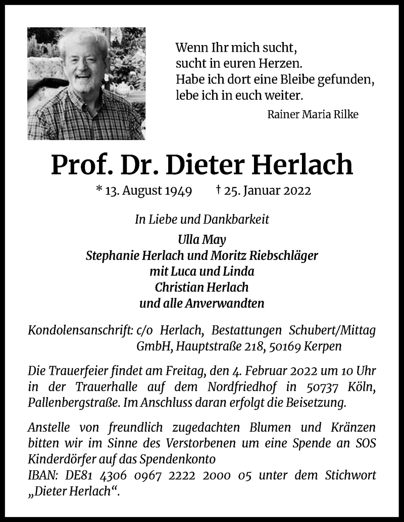  Traueranzeige für Dieter Herlach vom 01.02.2022 aus Kölner Stadt-Anzeiger / Kölnische Rundschau / Express