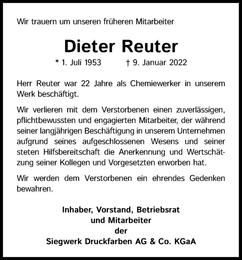  Traueranzeige für Dieter Reuter vom 20.01.2022 aus Kölner Stadt-Anzeiger / Kölnische Rundschau / Express