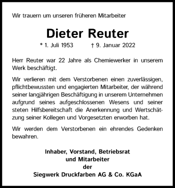 Anzeige von Dieter Reuter von Kölner Stadt-Anzeiger / Kölnische Rundschau / Express