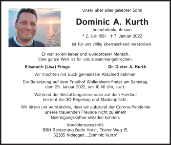 Anzeige von Dominic A. Kurth von Kölner Stadt-Anzeiger / Kölnische Rundschau / Express
