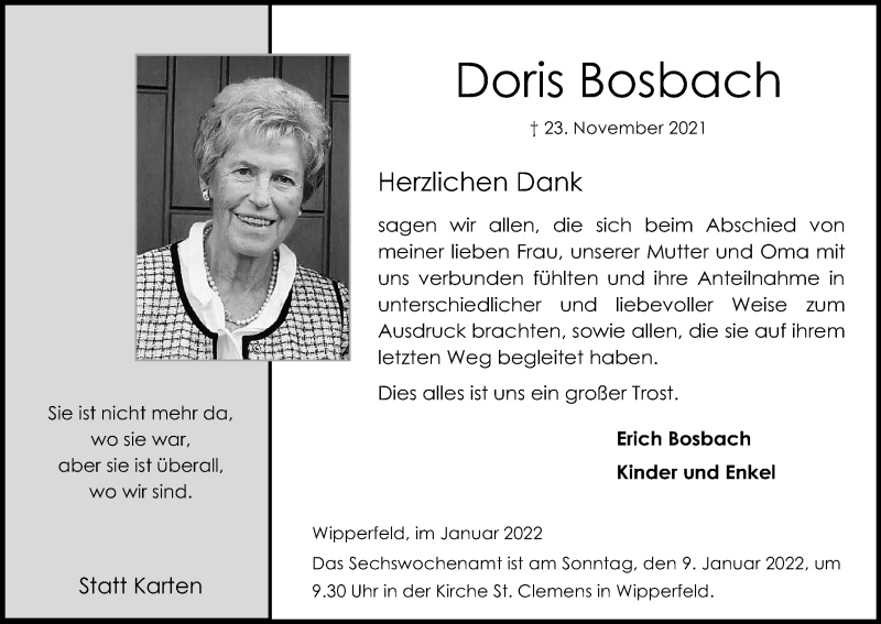  Traueranzeige für Doris Bosbach vom 08.01.2022 aus Kölner Stadt-Anzeiger / Kölnische Rundschau / Express