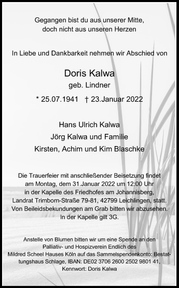 Anzeige von Doris Kalwa von Kölner Stadt-Anzeiger / Kölnische Rundschau / Express