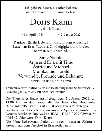 Anzeige von Doris Kann von Kölner Stadt-Anzeiger / Kölnische Rundschau / Express