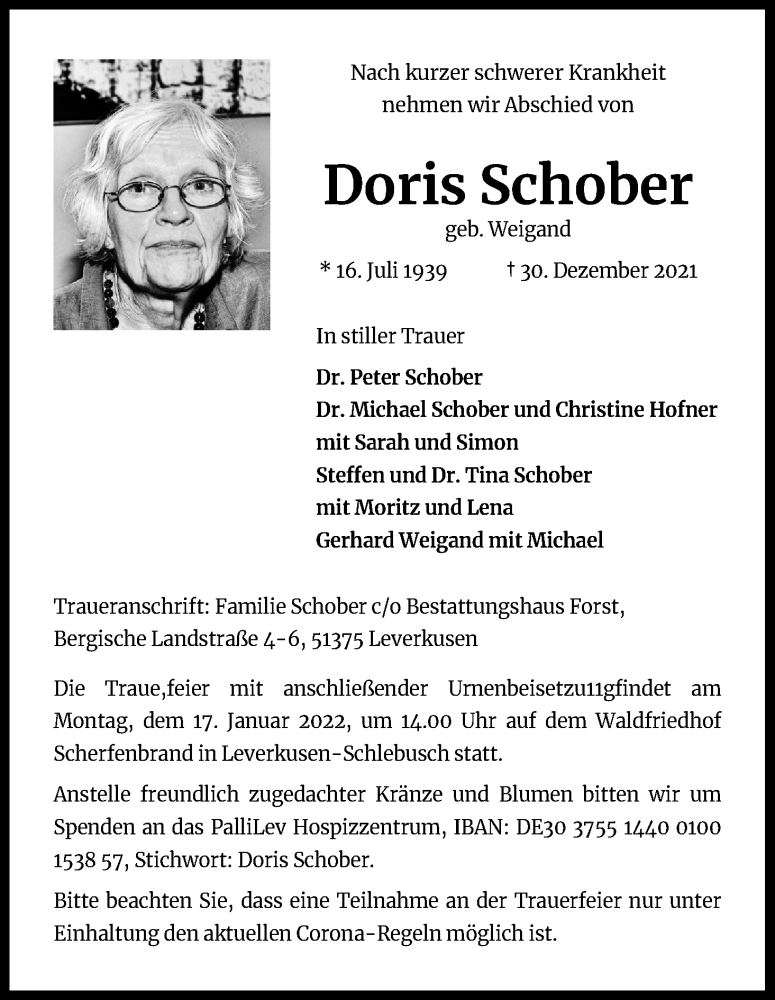  Traueranzeige für Doris Schober vom 11.01.2022 aus Kölner Stadt-Anzeiger / Kölnische Rundschau / Express