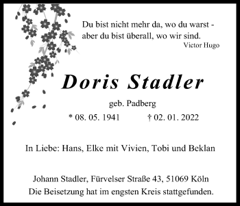 Anzeige von Doris Stadler von Kölner Stadt-Anzeiger / Kölnische Rundschau / Express