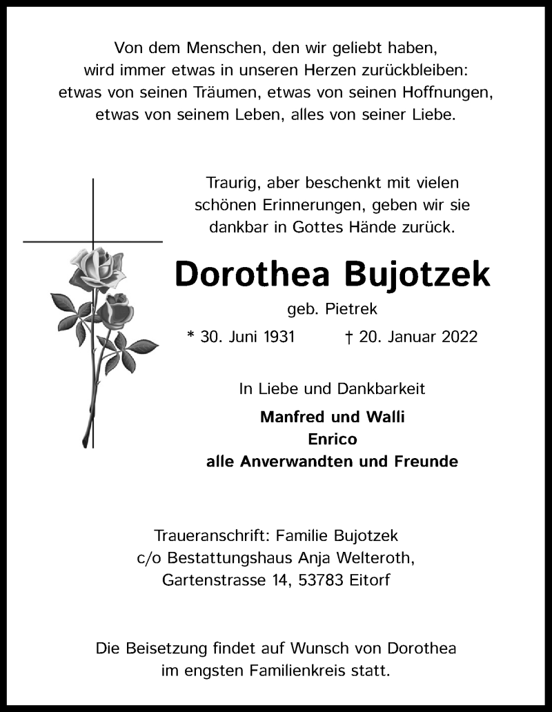  Traueranzeige für Dorothea Bujotzek vom 29.01.2022 aus Kölner Stadt-Anzeiger / Kölnische Rundschau / Express