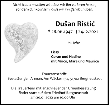 Anzeige von Dusan Ristic von Kölner Stadt-Anzeiger / Kölnische Rundschau / Express
