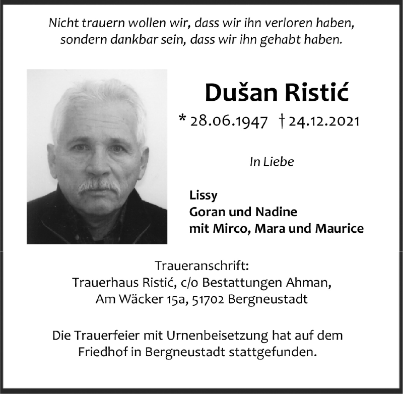  Traueranzeige für Dusan Ristic vom 21.01.2022 aus  Anzeigen Echo 