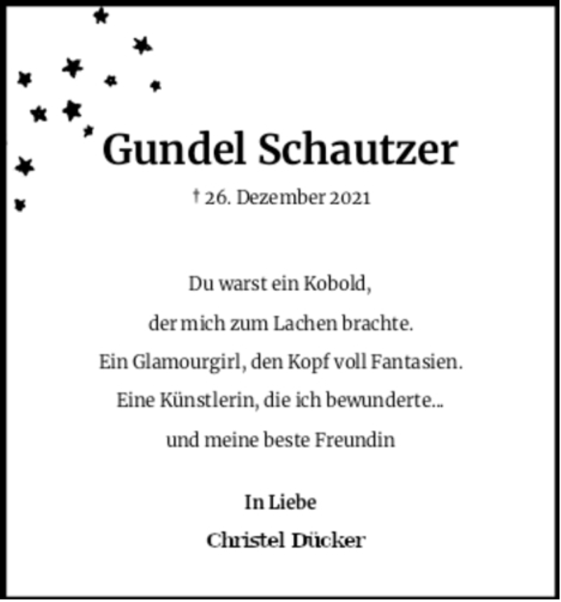  Traueranzeige für Gundel Schautzer vom 15.01.2022 aus Kölner Stadt-Anzeiger / Kölnische Rundschau / Express