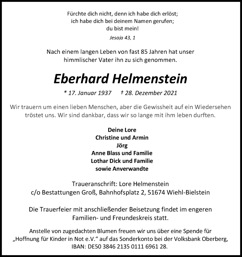  Traueranzeige für Eberhard Helmenstein vom 04.01.2022 aus Kölner Stadt-Anzeiger / Kölnische Rundschau / Express