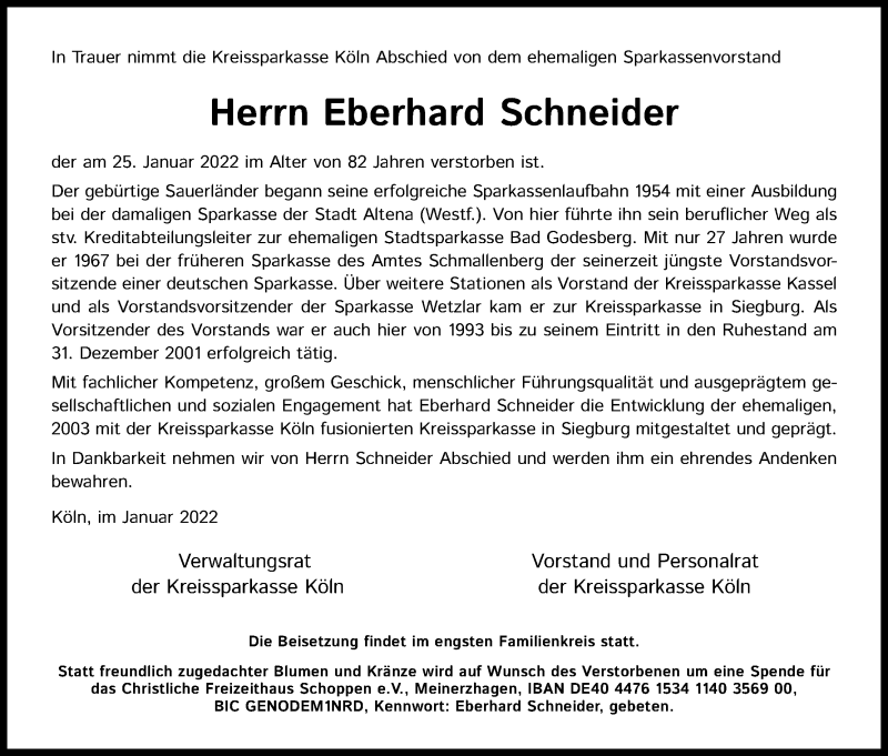  Traueranzeige für Eberhard Schneider vom 29.01.2022 aus Kölner Stadt-Anzeiger / Kölnische Rundschau / Express