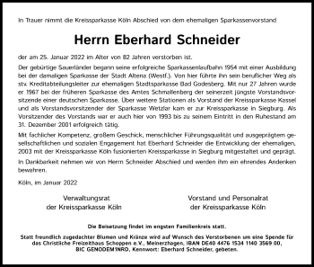 Anzeige von Eberhard Schneider von Kölner Stadt-Anzeiger / Kölnische Rundschau / Express