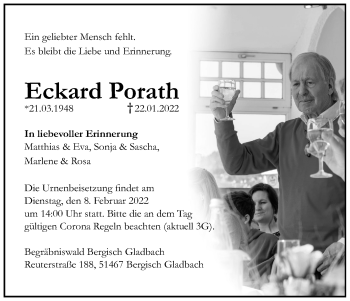 Anzeige von Eckard Porath von Kölner Stadt-Anzeiger / Kölnische Rundschau / Express