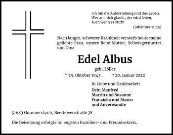 Anzeige von Edel Albus von Kölner Stadt-Anzeiger / Kölnische Rundschau / Express