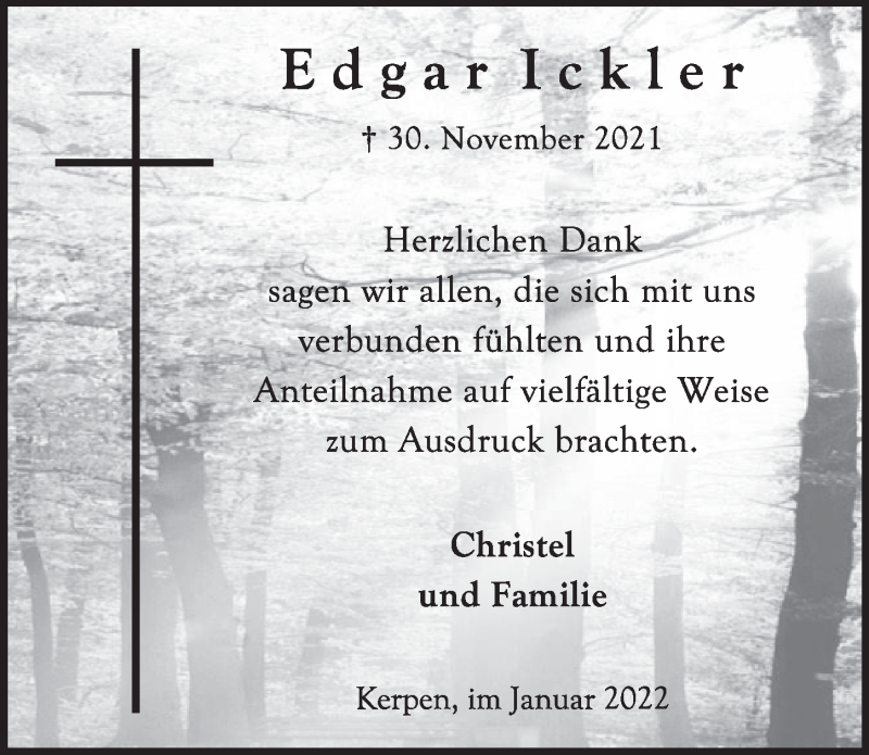  Traueranzeige für Edgar Ickler vom 14.01.2022 aus  Werbepost 
