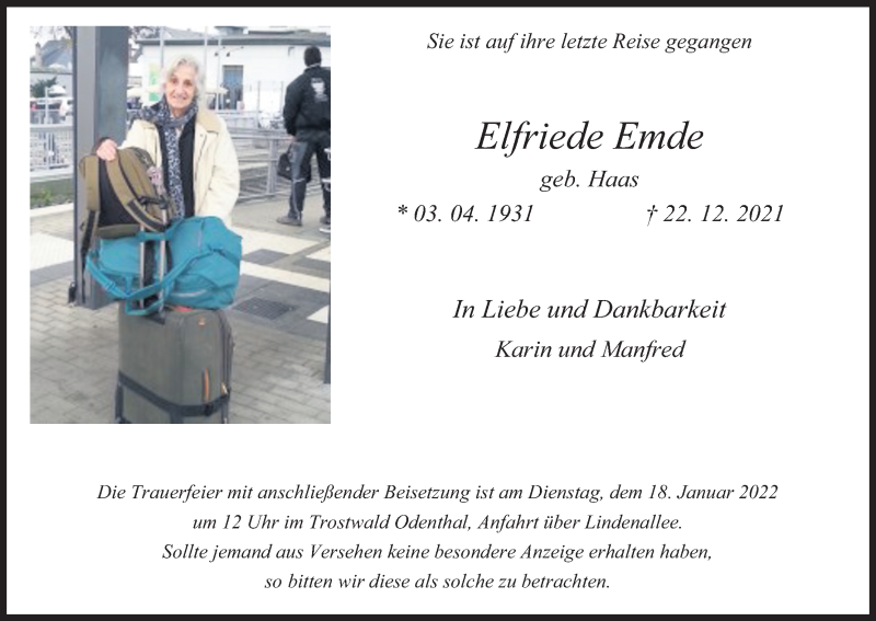  Traueranzeige für Elfriede Emde vom 15.01.2022 aus Kölner Stadt-Anzeiger / Kölnische Rundschau / Express