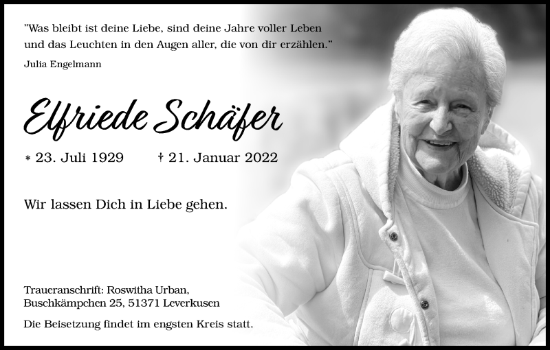  Traueranzeige für Elfriede Schäfer vom 29.01.2022 aus Kölner Stadt-Anzeiger / Kölnische Rundschau / Express