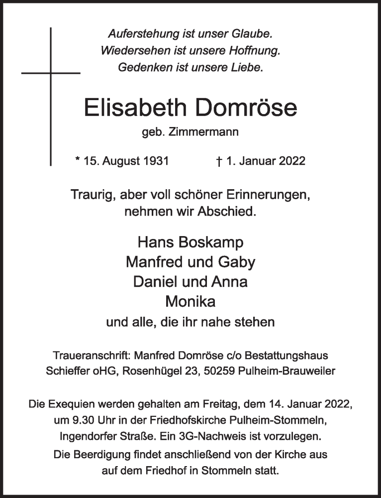  Traueranzeige für Elisabeth Domröse vom 07.01.2022 aus  Wochenende 