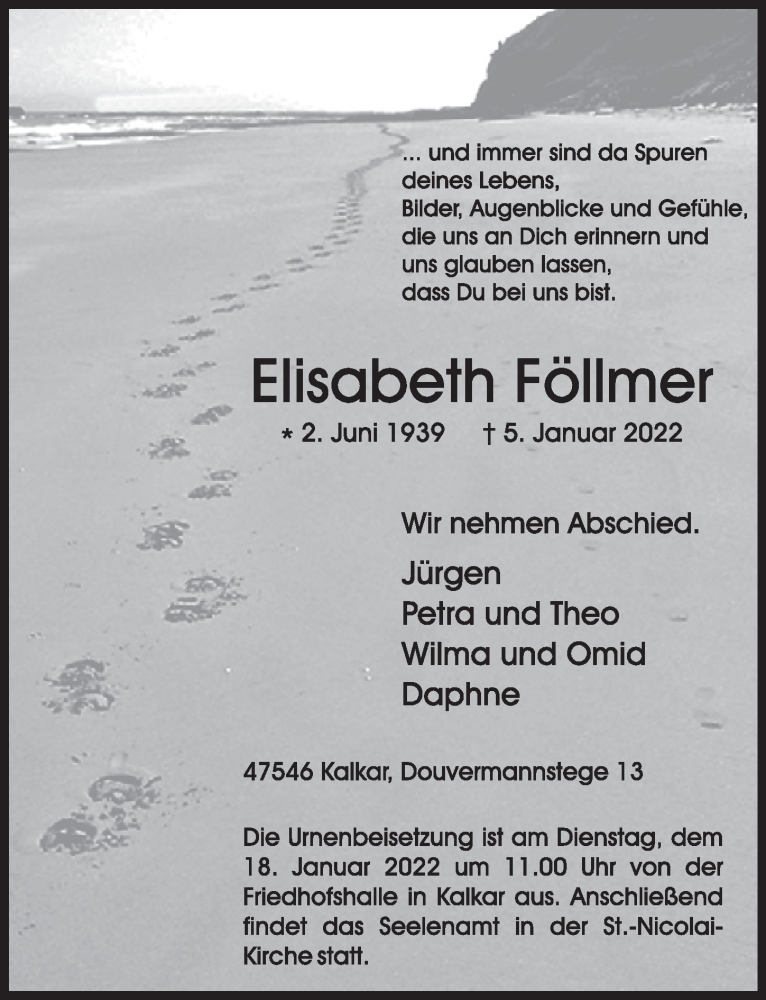  Traueranzeige für Elisabeth Föllmer vom 14.01.2022 aus  Werbepost 