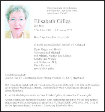Anzeige von Elisabeth Gilles von Kölner Stadt-Anzeiger / Kölnische Rundschau / Express