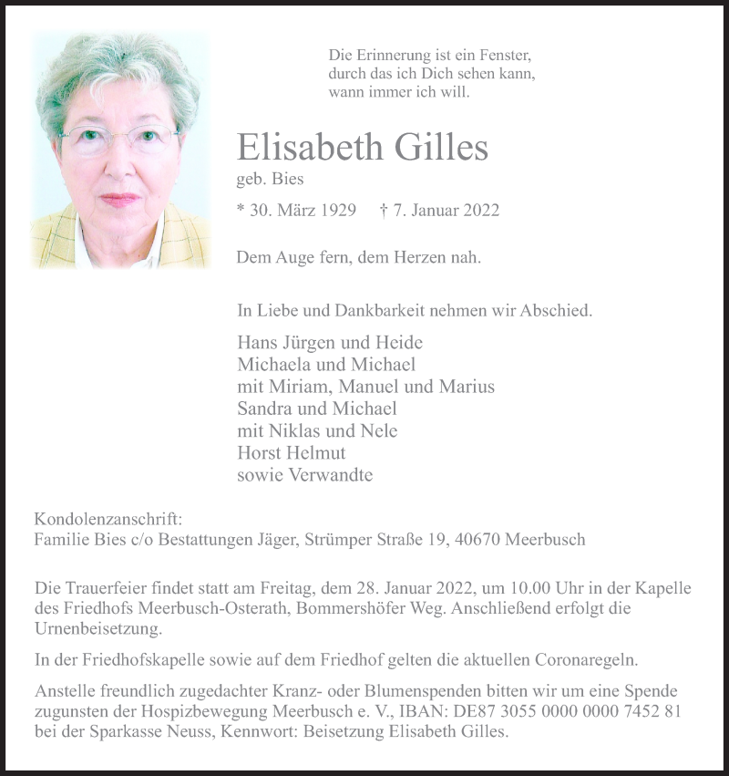  Traueranzeige für Elisabeth Gilles vom 15.01.2022 aus Kölner Stadt-Anzeiger / Kölnische Rundschau / Express