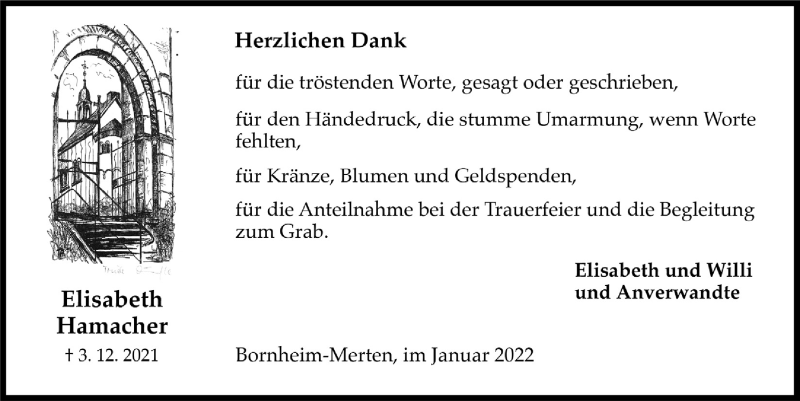  Traueranzeige für Elisabeth Hamacher vom 07.01.2022 aus  Schlossbote/Werbekurier 