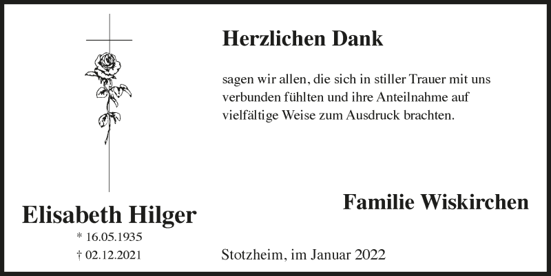  Traueranzeige für Elisabeth Hilger vom 08.01.2022 aus  Blickpunkt Euskirchen 