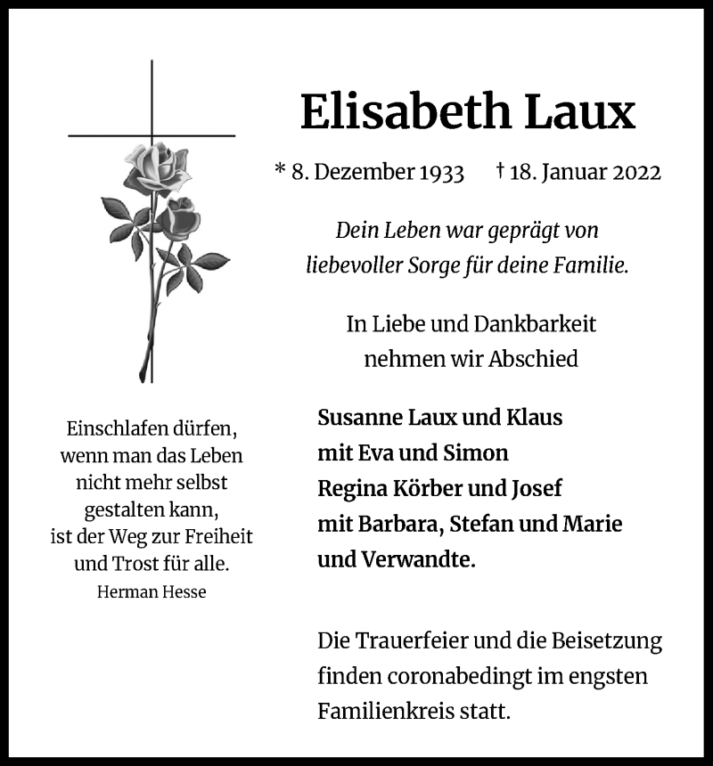  Traueranzeige für Elisabeth Laux vom 22.01.2022 aus Kölner Stadt-Anzeiger / Kölnische Rundschau / Express