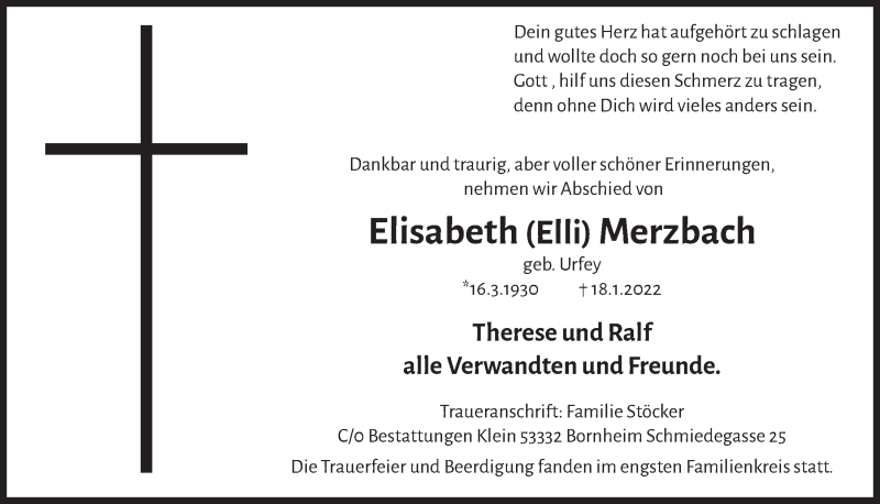  Traueranzeige für Elisabeth Merzbach vom 28.01.2022 aus  Schaufenster/Blickpunkt 