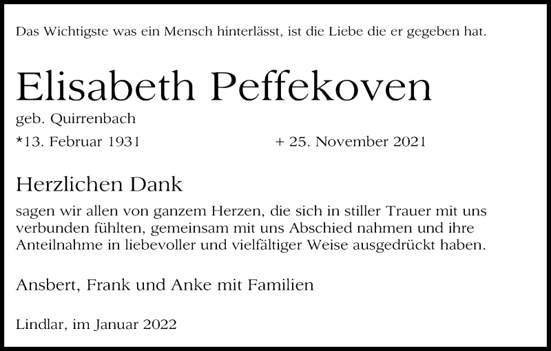  Traueranzeige für Elisabeth Peffekoven vom 08.01.2022 aus Kölner Stadt-Anzeiger / Kölnische Rundschau / Express