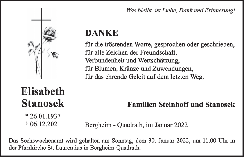  Traueranzeige für Elisabeth Stanosek vom 07.01.2022 aus  Werbepost 