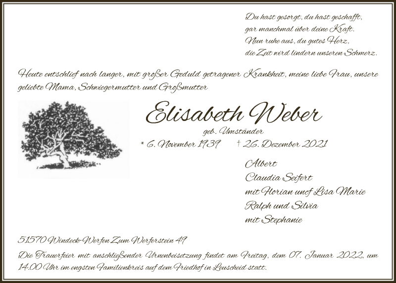  Traueranzeige für Elisabeth Weber vom 07.01.2022 aus  Lokalanzeiger 