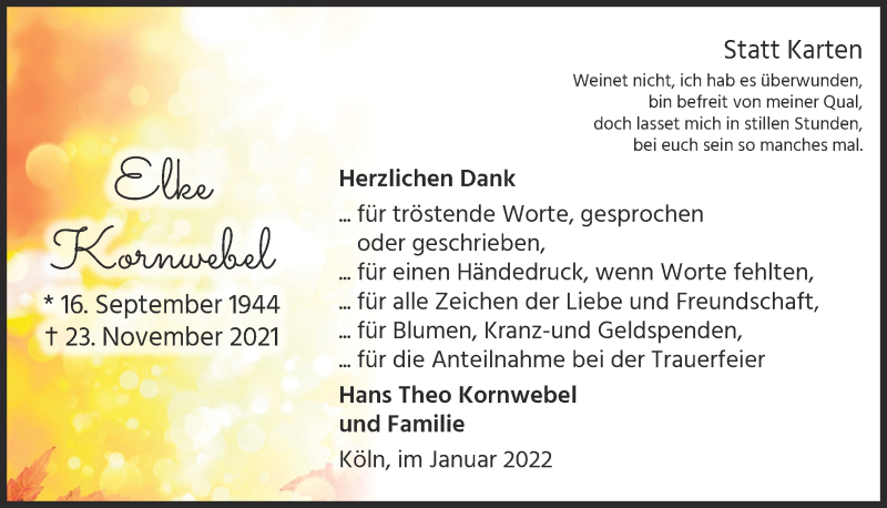  Traueranzeige für Elke Kornwebel vom 07.01.2022 aus  Kölner Wochenspiegel 