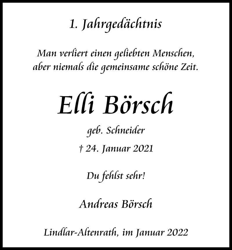  Traueranzeige für Elli Börsch vom 29.01.2022 aus Kölner Stadt-Anzeiger / Kölnische Rundschau / Express