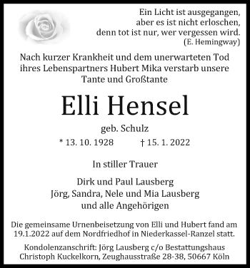 Anzeige von Elli Hensel von Kölner Stadt-Anzeiger / Kölnische Rundschau / Express