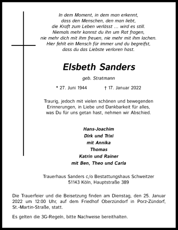 Anzeige von Elsbeth Sanders von Kölner Stadt-Anzeiger / Kölnische Rundschau / Express