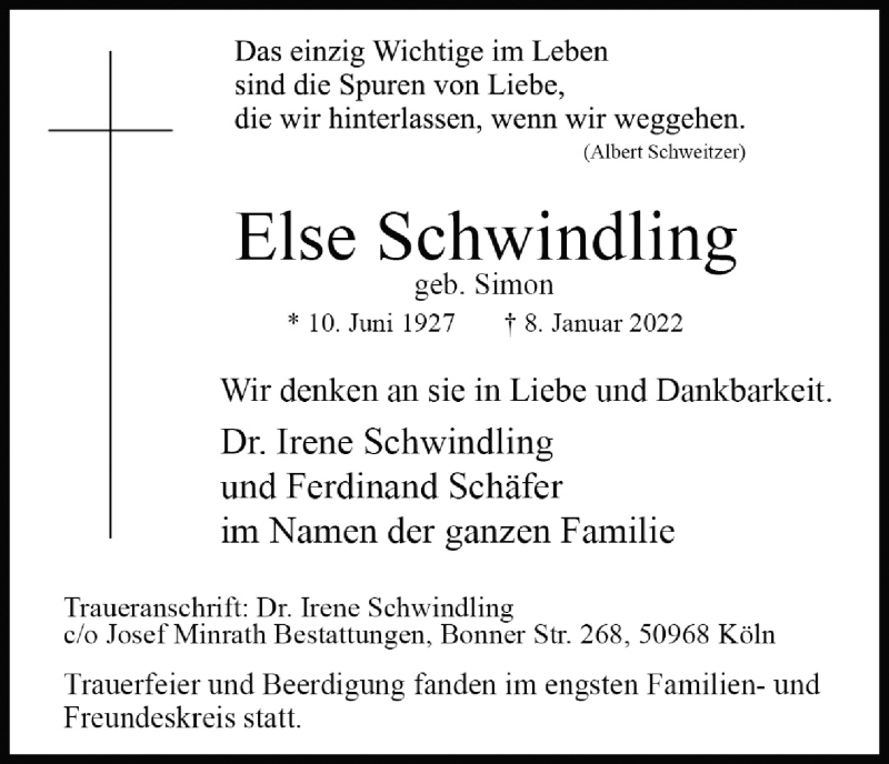  Traueranzeige für Else Schwindling vom 22.01.2022 aus Kölner Stadt-Anzeiger / Kölnische Rundschau / Express